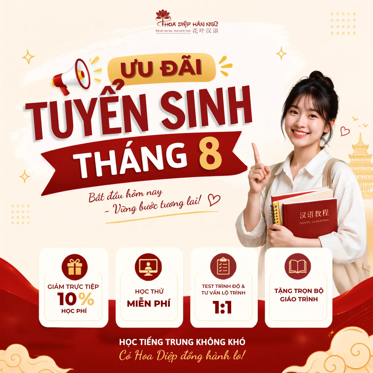 LỊCH KHAI GIẢNG THÁNG 8 TẠI HOA DIỆP HÁN NGỮ | ƯU ĐÃI 10% TỔNG CHI PHÍ