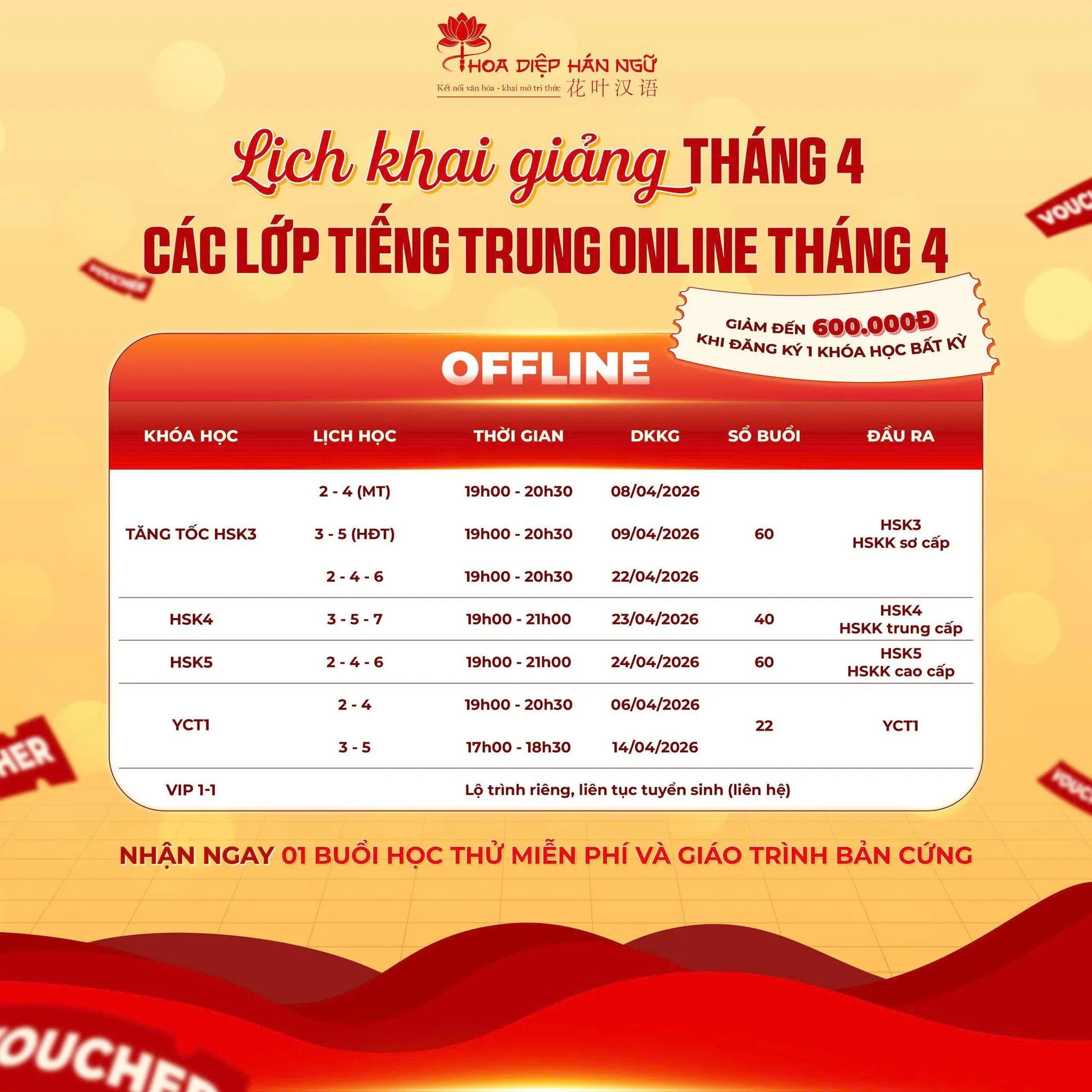 LỊCH KHAI GIẢNG THÁNG 4 TẠI HOA DIỆP HÁN NGỮ